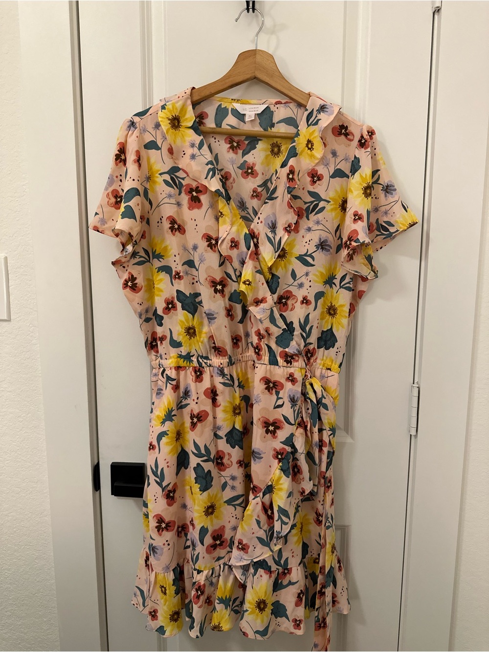 LC Lauren Conrad Pink Floral Wrap Midi Dress with Yellow & Green Accents